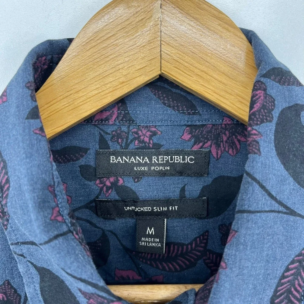 Banana Republic Mens Luxe Poplin Untucked Slim Fit Floral Shirt Blue Burgundy M